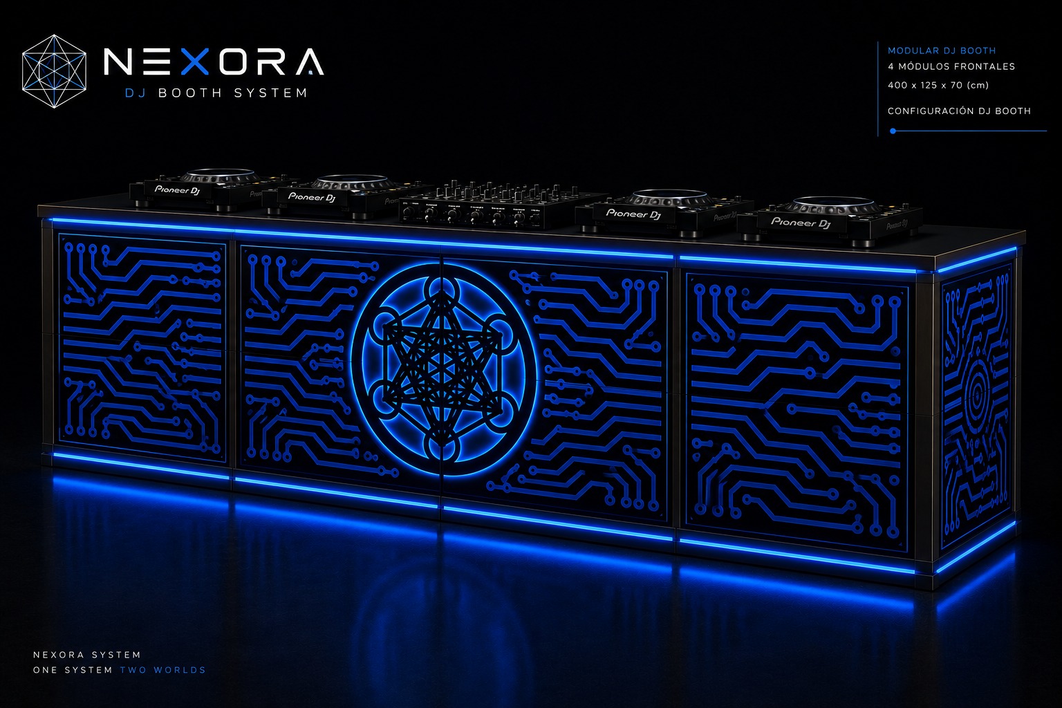 NEXORA premium modular DJ booth illuminated in electric neon blue at an Ibiza event